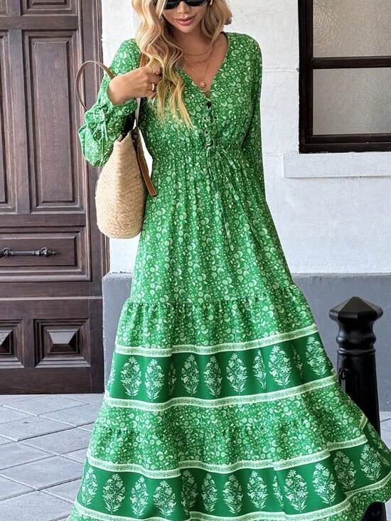 MODA ME COUTURE Dresses & Skirts - Green Boho Women's Floral Print Knot Front Flounce Sleeve Ruffle Hem Maxi Dress